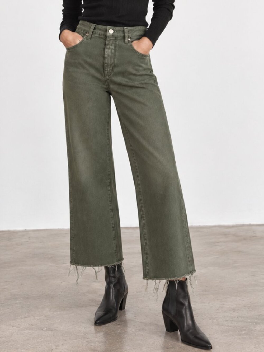 L'AGENCE Wanda High Rise Cropped Wide Leg Stretch Fray Jeans Balsam Green 26 EUC
